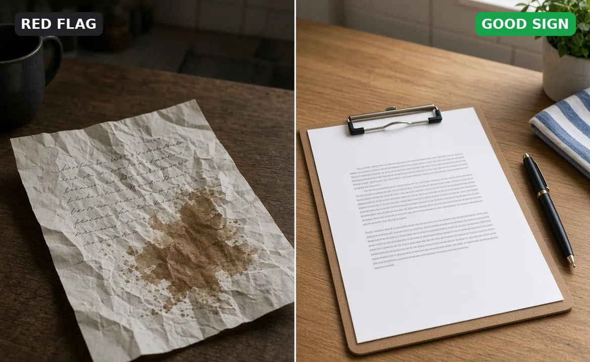 Red flag vs. good sign: stained handwritten quote vs. a clean printed quote