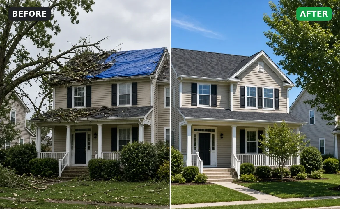 Before and after: storm-damaged roof with a blue tarp, then fully repaired