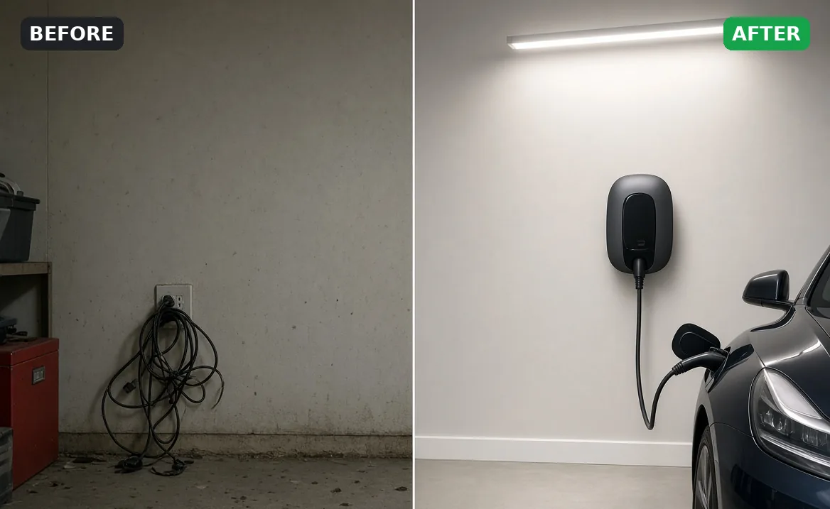 Before and after: bare garage outlet replaced with a wall-mounted EV charger