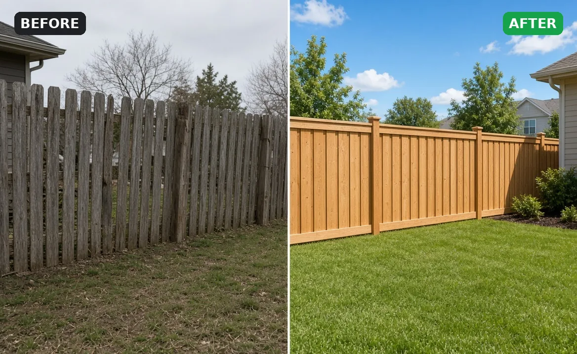 Before and after: leaning gray wood fence replaced with a new cedar privacy fence