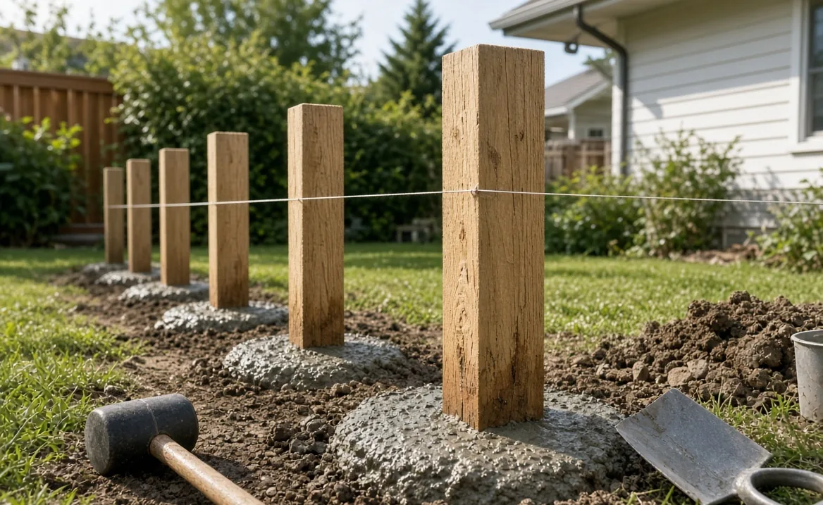 Wood fence posts set in concrete along a string line