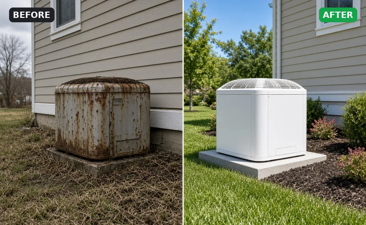 Before and after: rusty old AC condenser replaced with a new unit on a clean pad