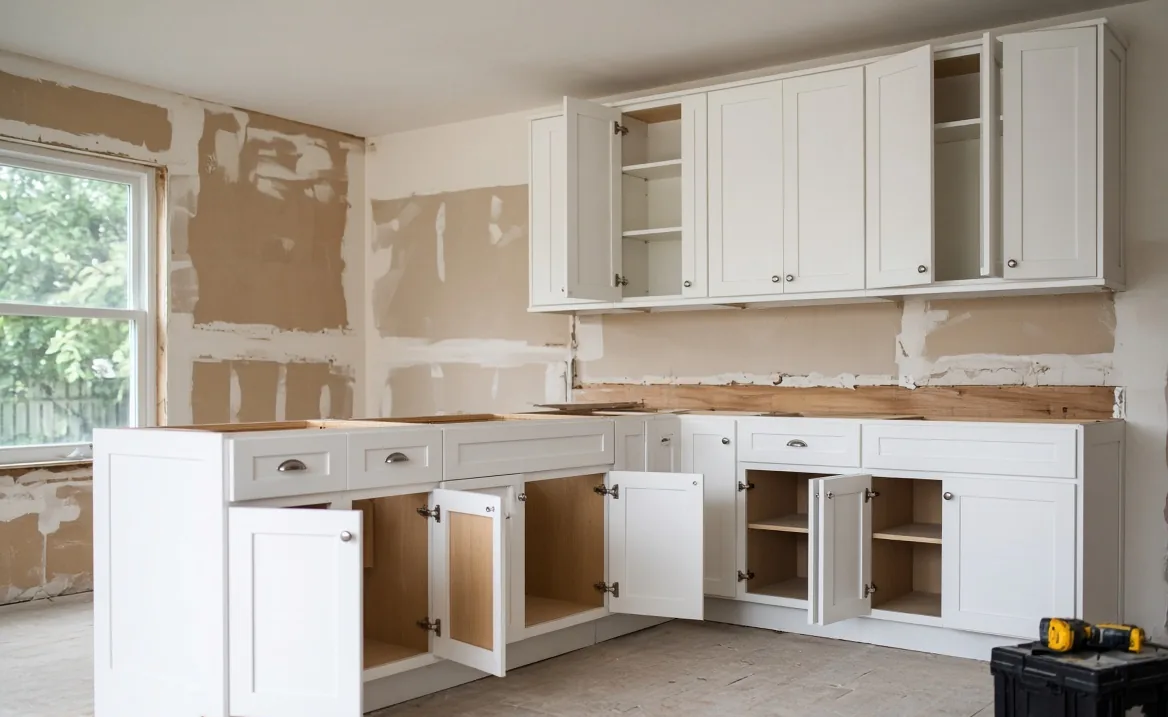 Kitchen remodel in progress with new cabinets and no countertop yet