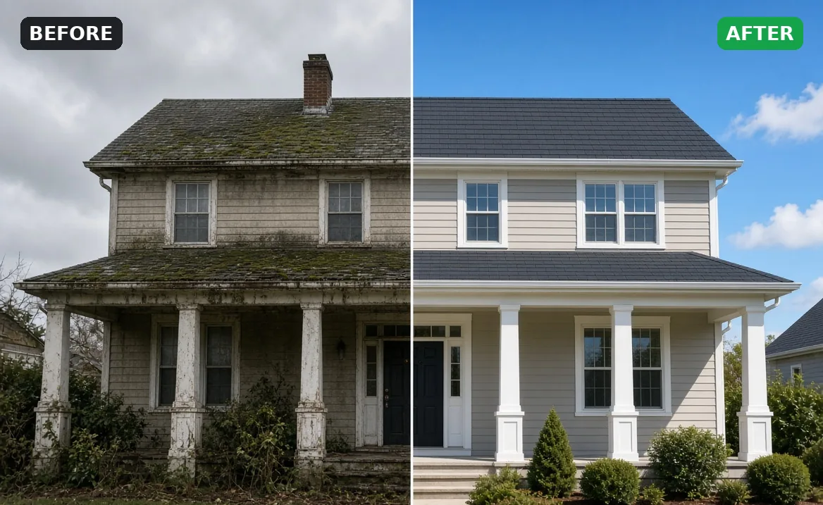 Before and after: old house with a mossy sagging roof and the same house with a new roof
