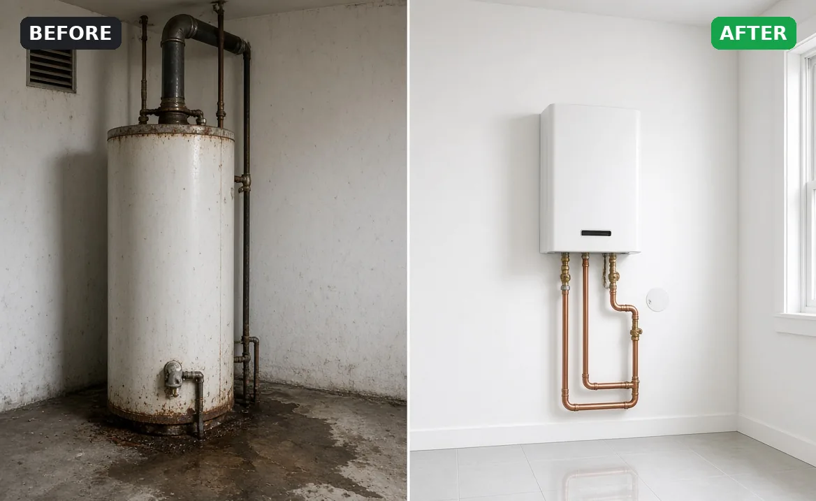 Before and after: leaking tank water heater replaced with a wall-mounted tankless unit