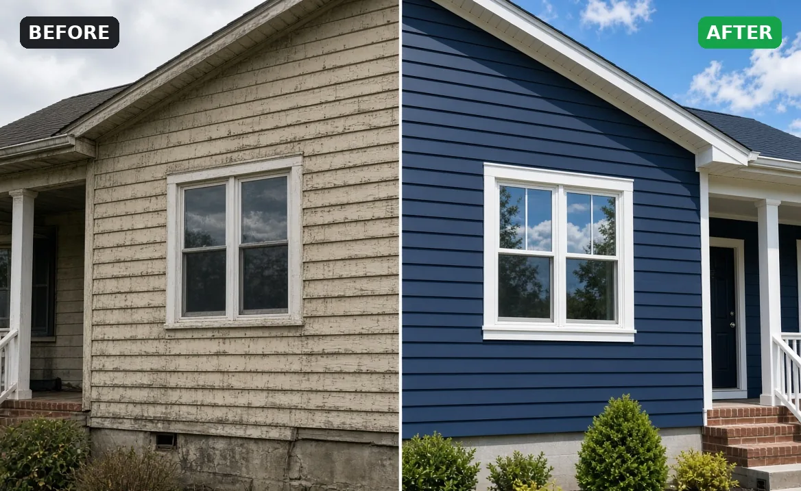 Before and after: faded old siding replaced with new navy siding and white trim