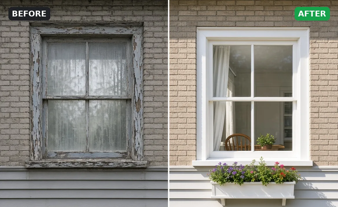 Before and after: old wood window with peeling paint replaced with a new white window